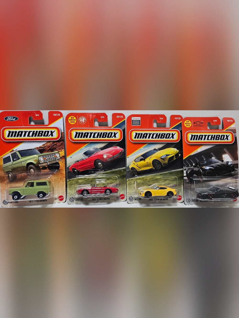 Matchbox 4 Car Lot Toyota Supra Corvette Ford Bronco Alfa Romeo New Sealed